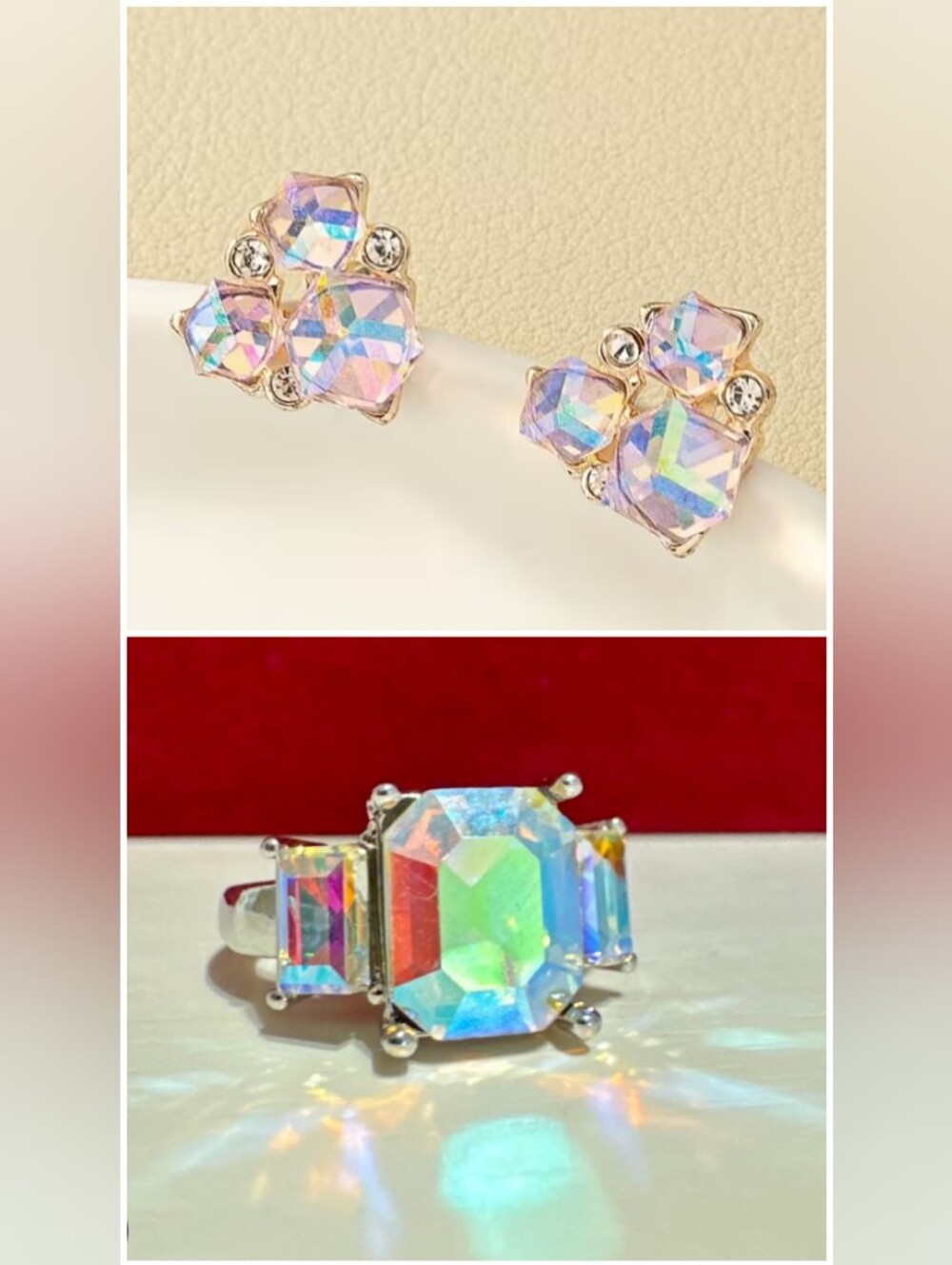 2pc Geometric Stud Earrings & Emerald Cut Ring Set - (Iridescent & Silvertone)